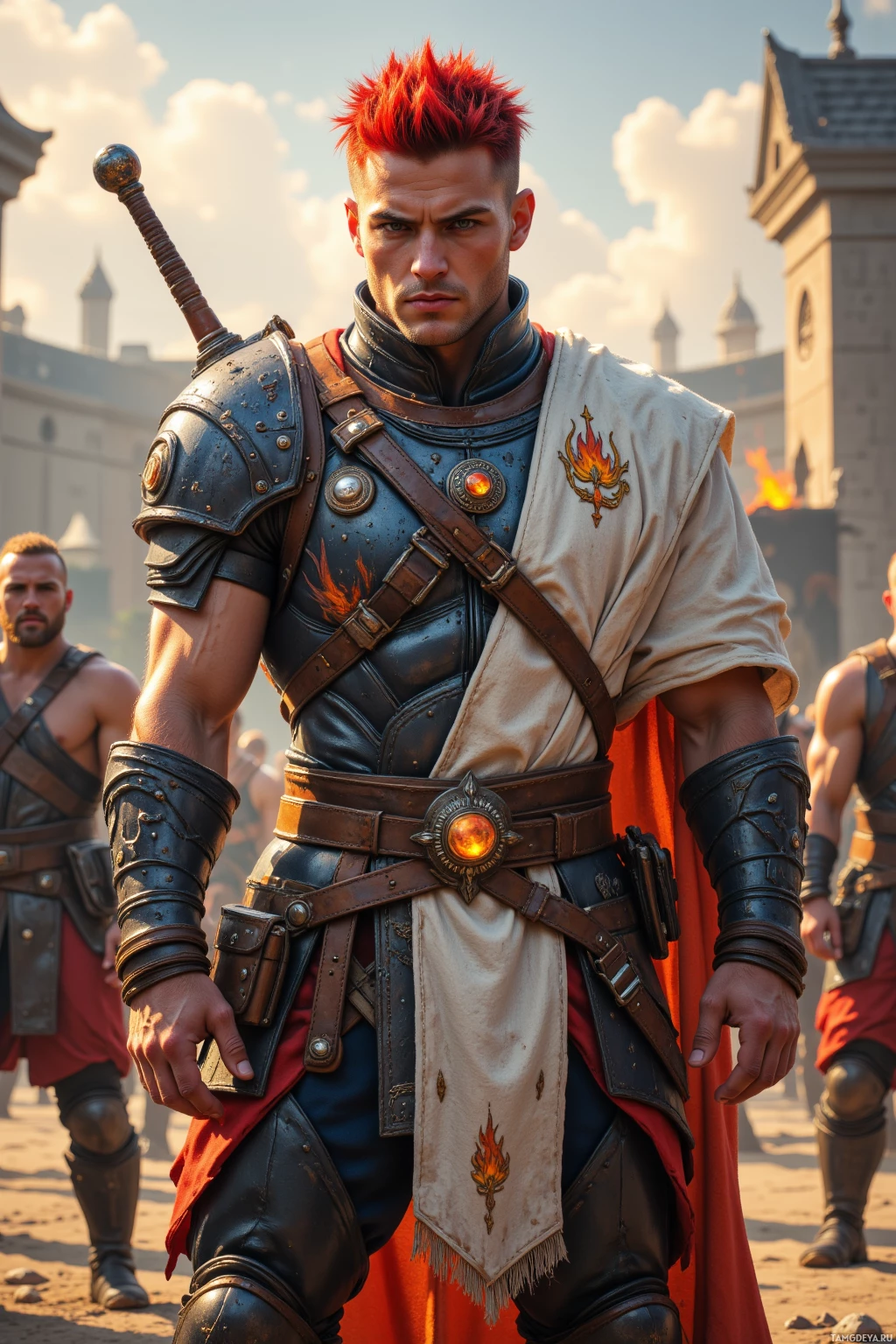 A warrior in detailed armor stands in a sunlit arena.
