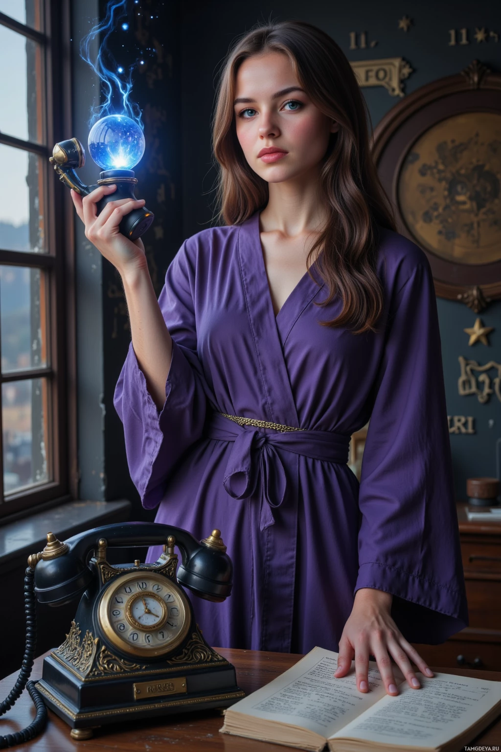 A woman in a purple robe holds a glowing crystal ball while standing beside a vintage telephone and an open book.
