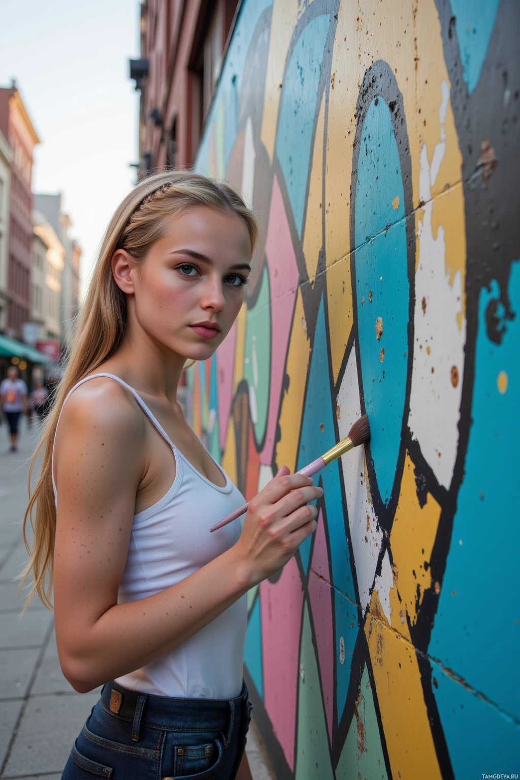 A person in a white tank top and jeans is painting a colorful mural on a wall.