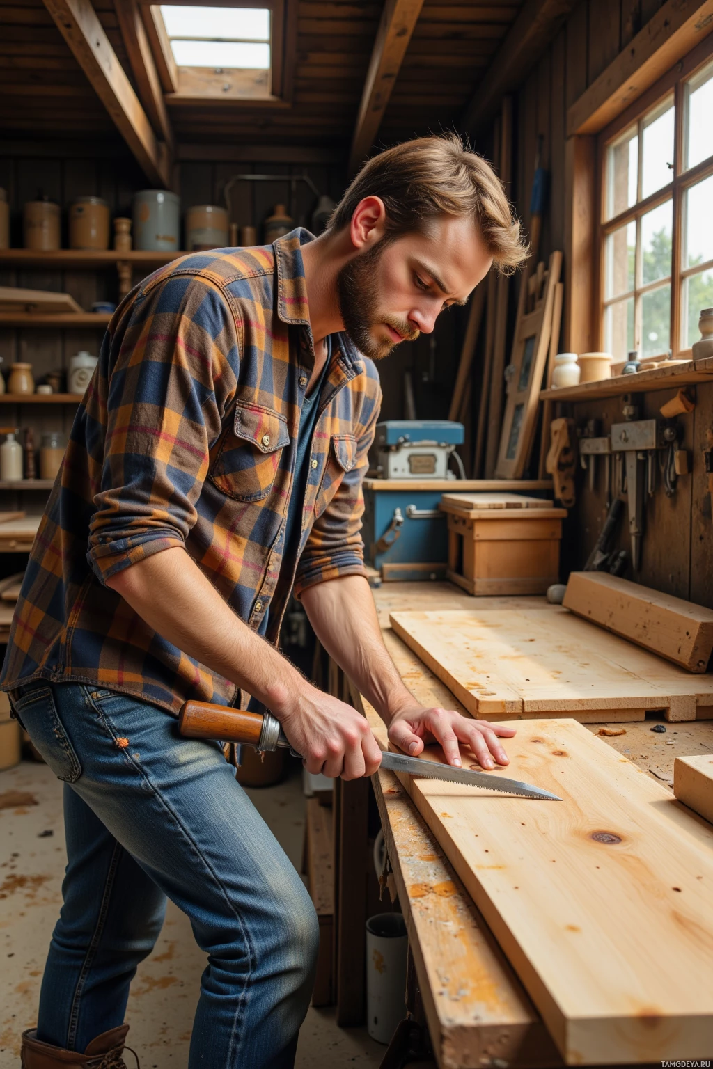 A man in a plaid shirt is working with a saw in a workshop.
