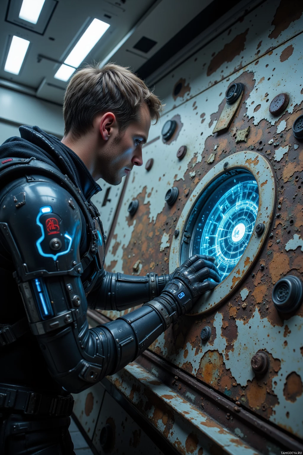 A person in futuristic armor interacts with a glowing circular interface on a rusted panel.