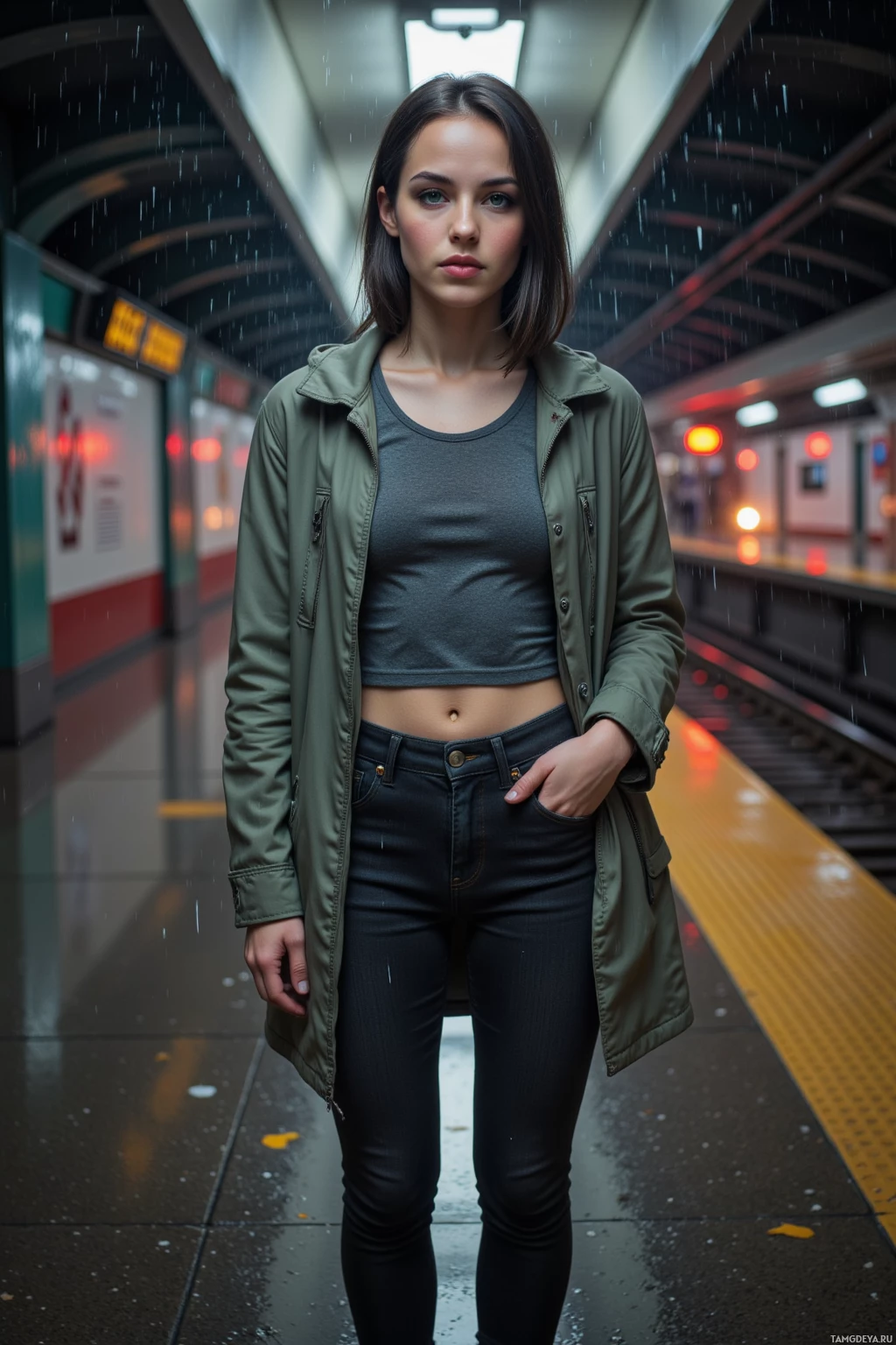 A person stands on a subway platform in the rain, wearing a green jacket and dark pants.