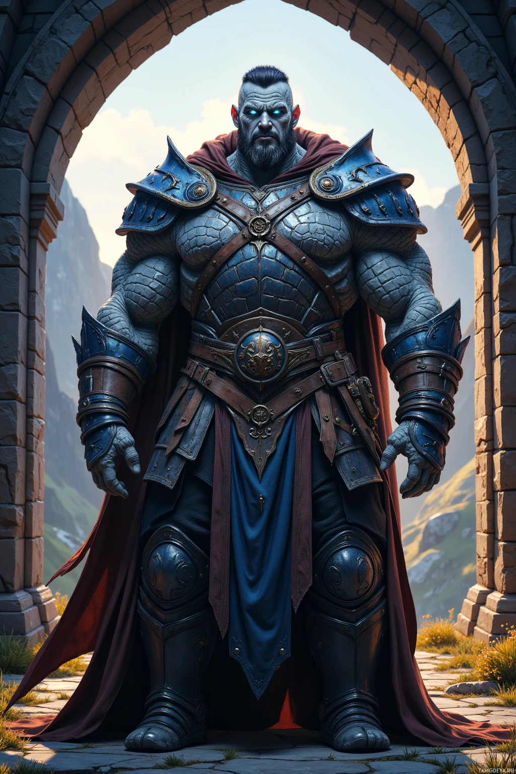 A muscular warrior in blue and red armor stands under a stone archway.