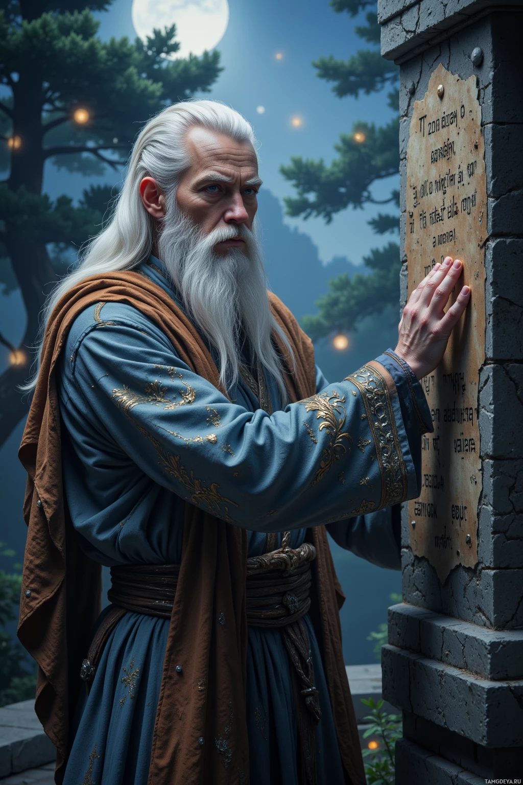 A man with long white hair and a beard, dressed in ornate robes, stands beside a stone wall with a plaque, set against a night sky with trees and glowing lights.