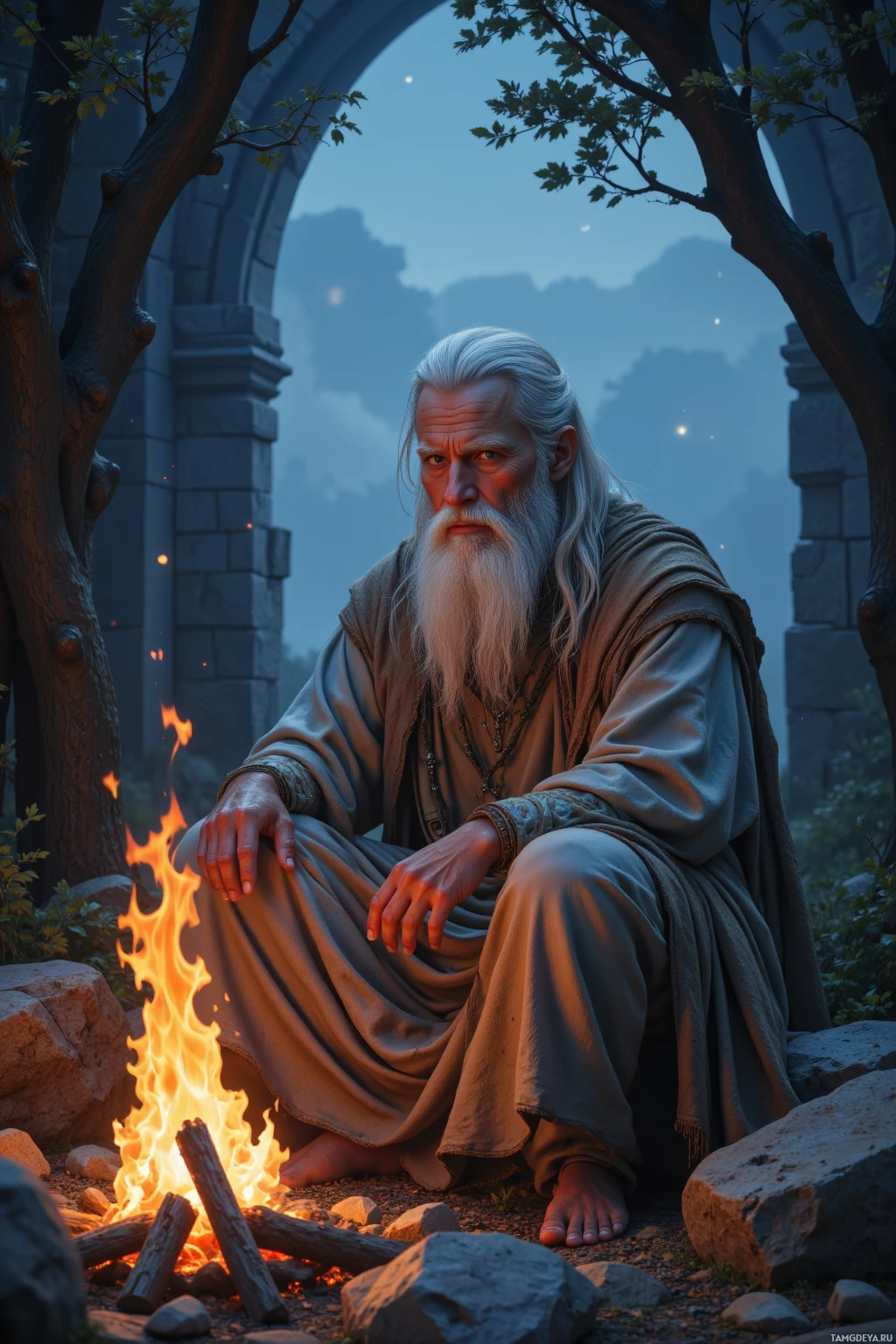 An old man with a long white beard sits by a fire in a stone-walled enclosure, surrounded by trees and rocks.