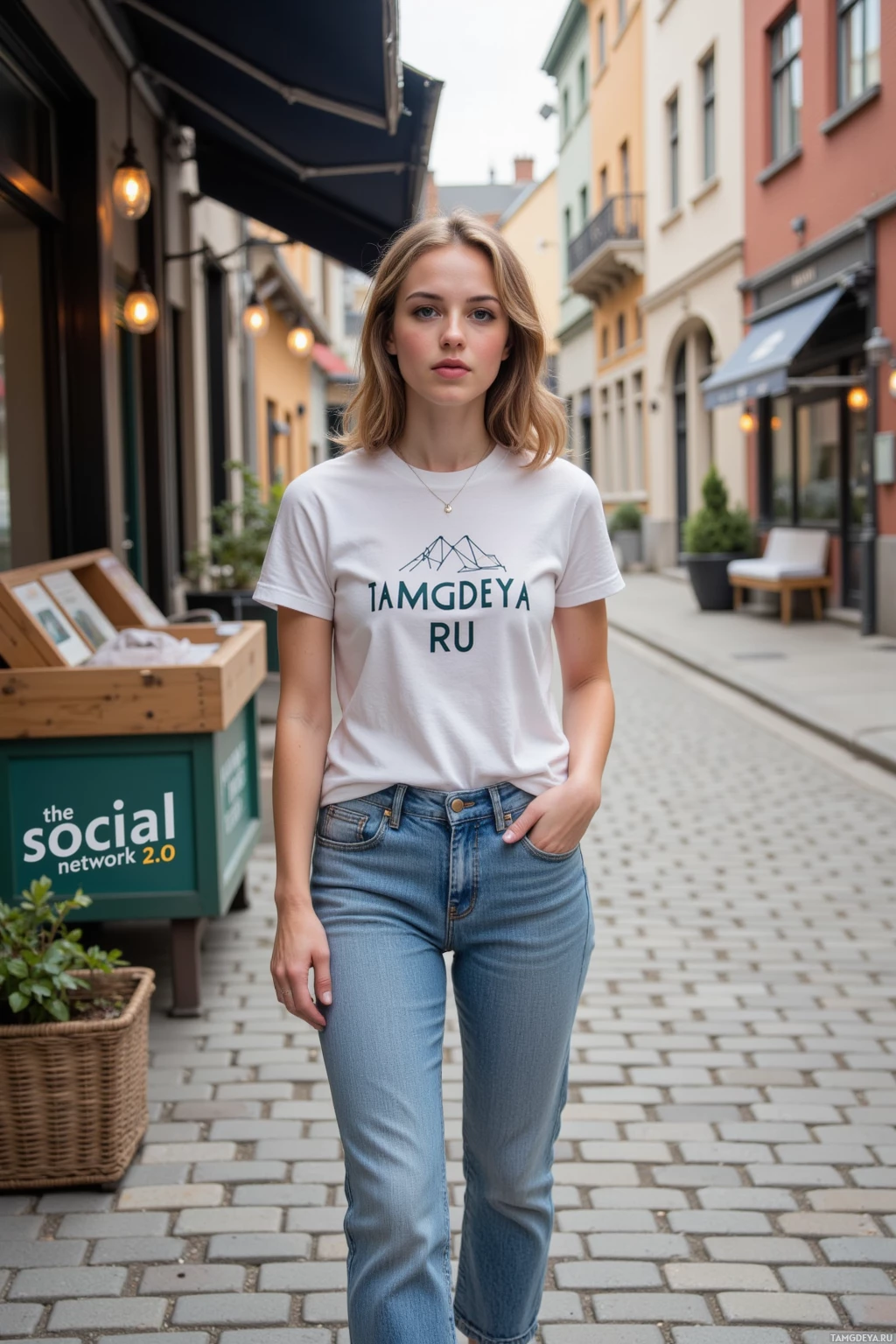 A person stands on a cobblestone street wearing a white t-shirt and jeans, with a storefront and awning in the background.