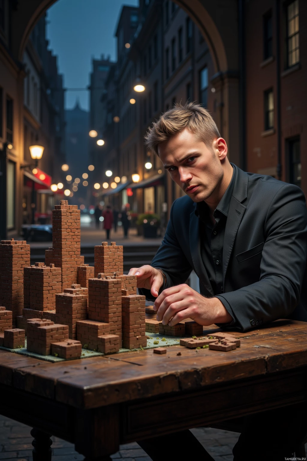 A man in a suit is working on a miniature cityscape model on a table.