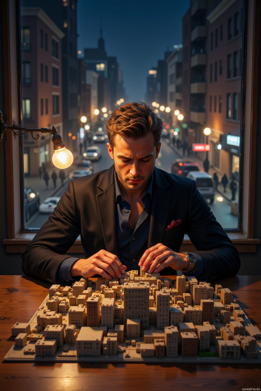 A man in a suit examines a miniature cityscape model on a table.