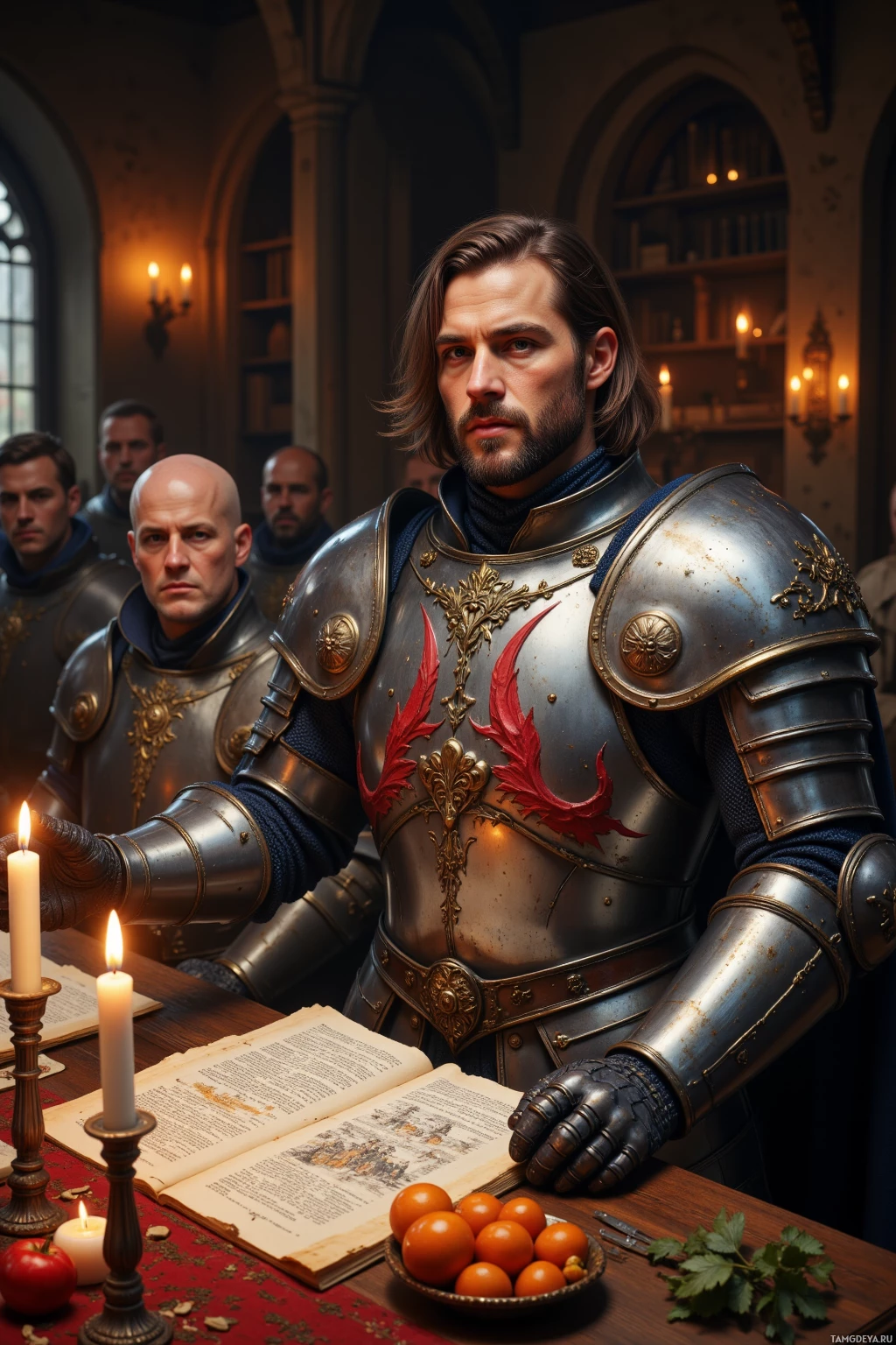 A knight in ornate armor stands beside a table with a lit candle, an open book, and a bowl of fruit.