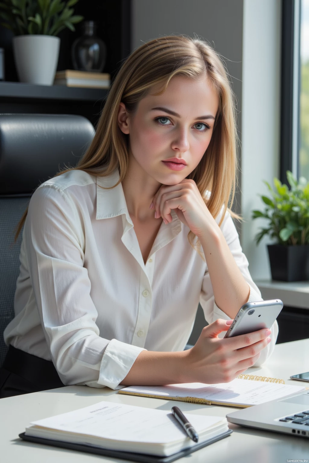 A woman in a white shirt sits at a desk, holding a smartphone.