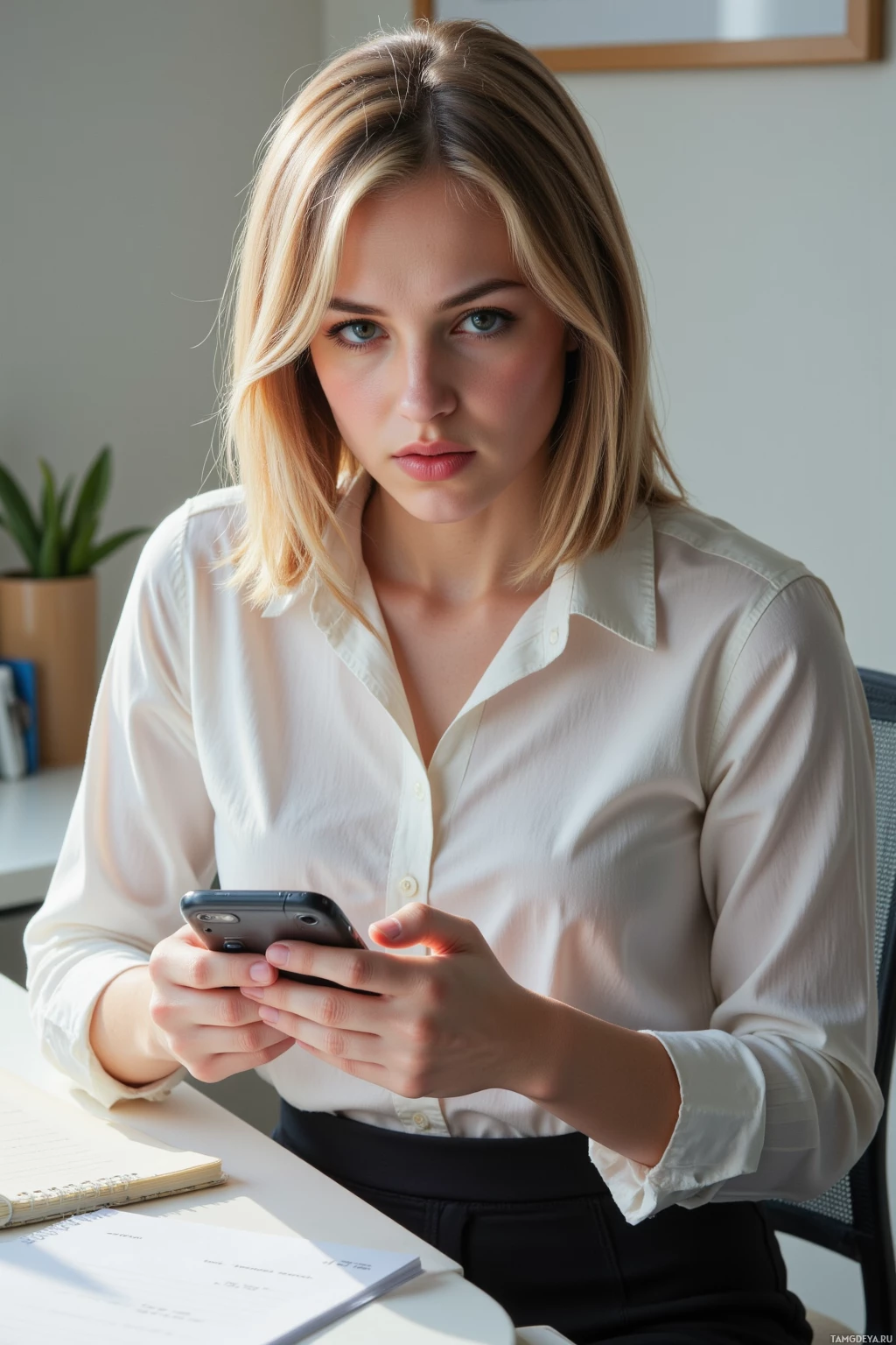 A woman in a white shirt is sitting at a desk, holding a smartphone.
