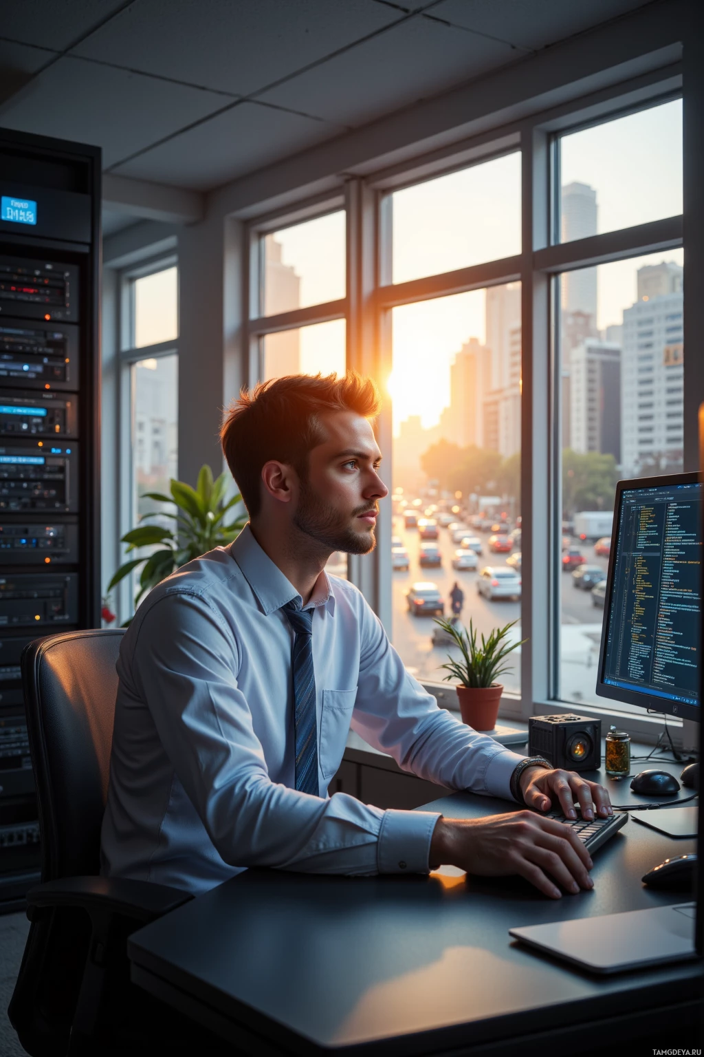 A man in a shirt and tie sits at a desk in an office, looking out a window at a cityscape.