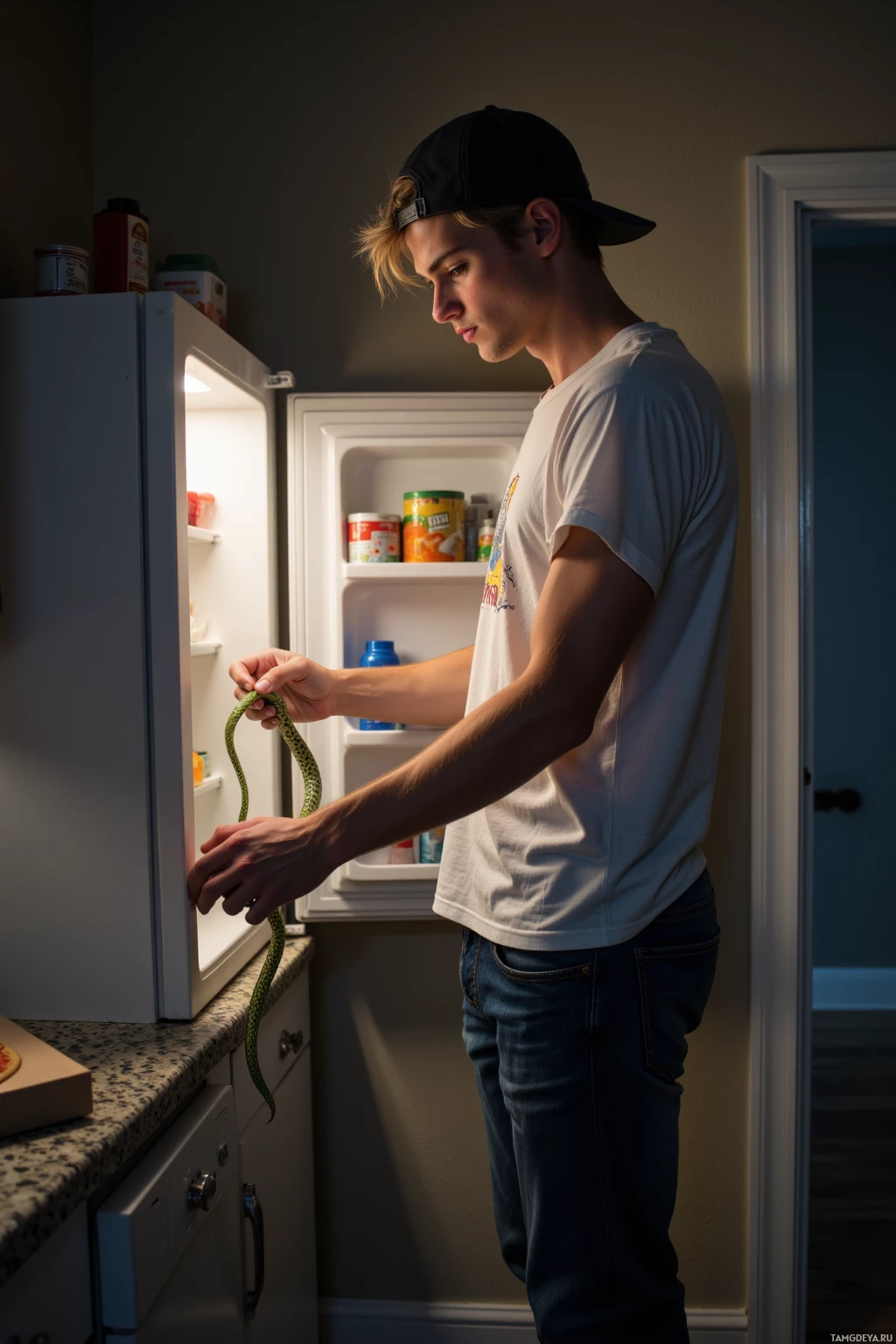 A person in a white t-shirt and black cap stands by an open refrigerator, holding a snake.