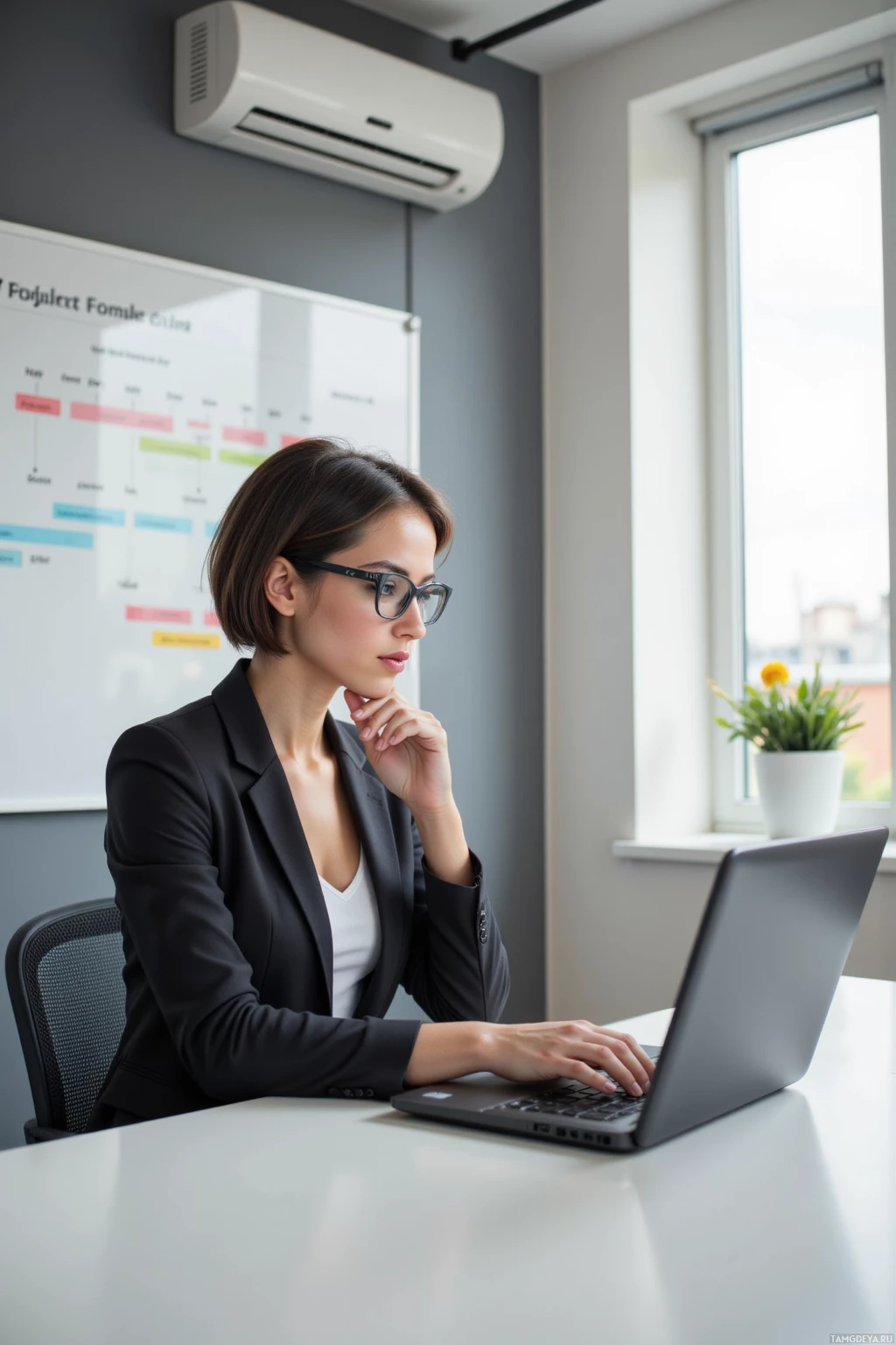 A woman in a professional setting works on a laptop at a desk.