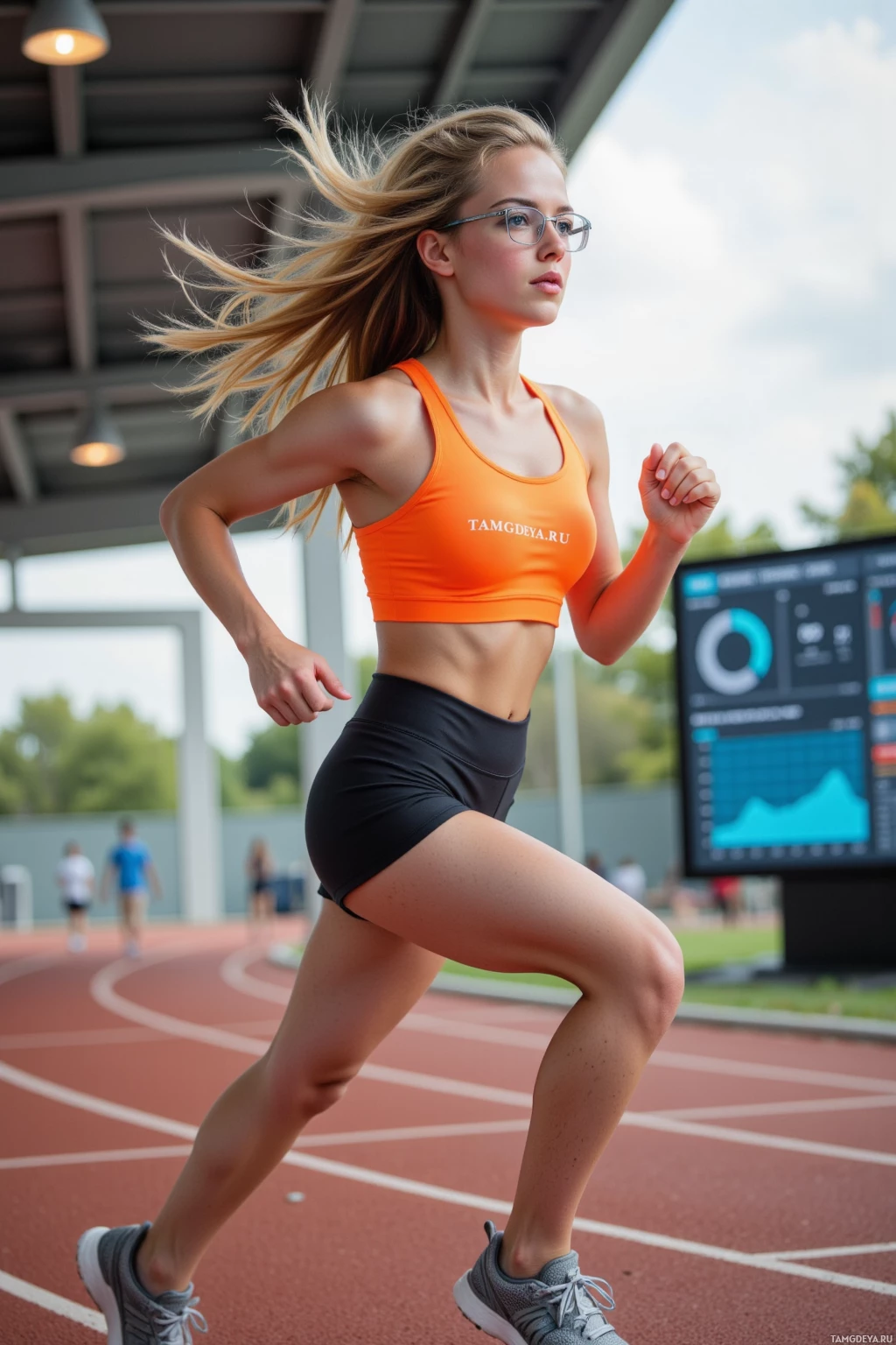 A woman in an orange sports top and black shorts runs on a track.