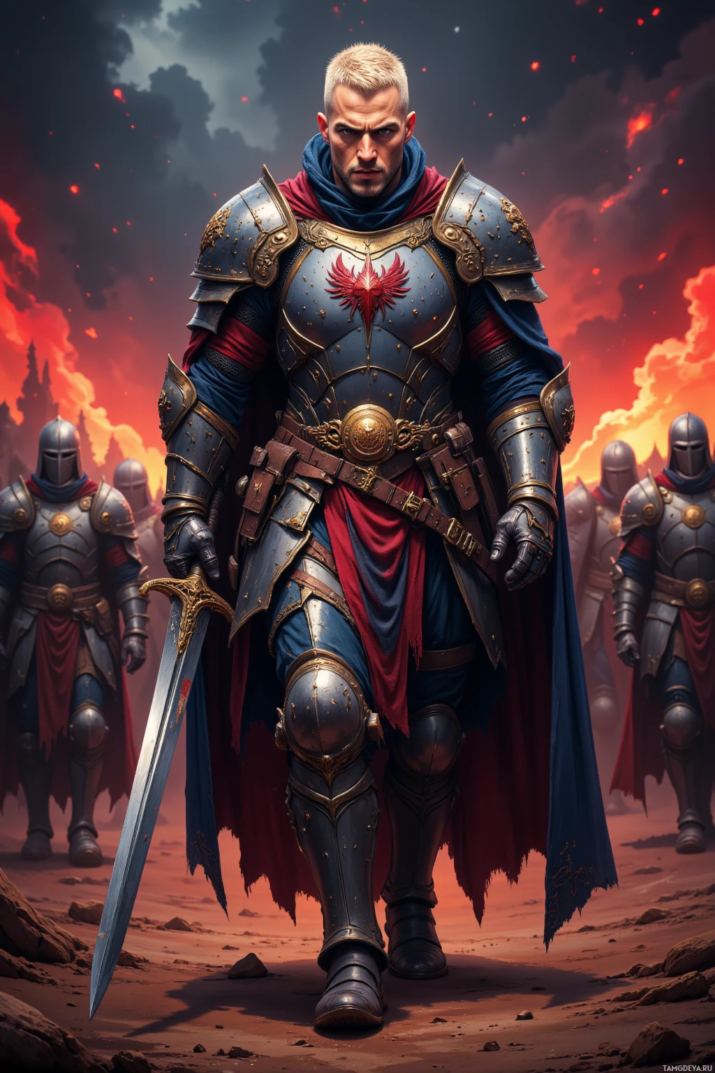 A knight in ornate armor stands in a dramatic, fiery landscape, leading a group of similarly armored warriors.