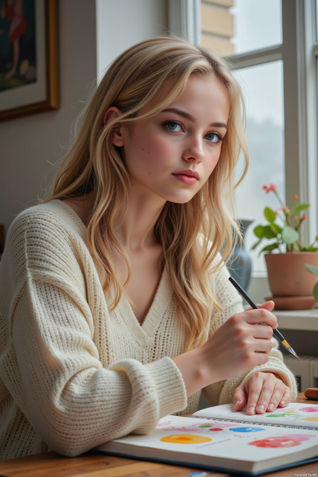 A person with long blonde hair wearing a cream sweater is holding a paintbrush and working on a colorful painting in a sketchbook.