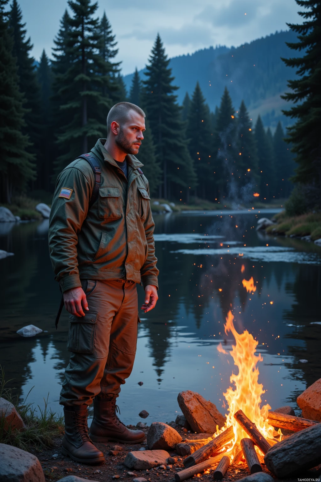 A man stands by a campfire near a serene lake surrounded by forested hills.
