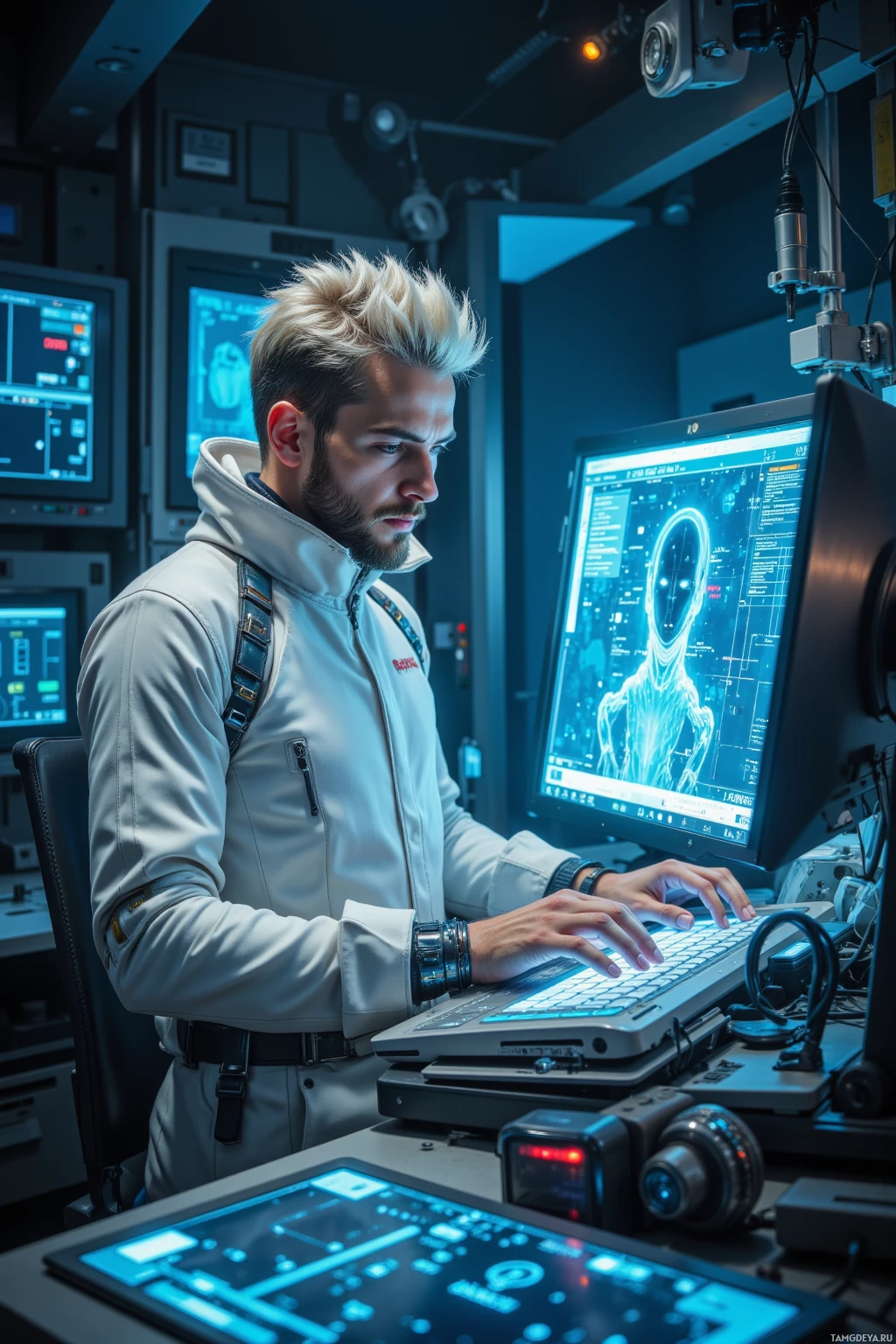A person in a futuristic setting works on a computer with advanced displays and equipment.