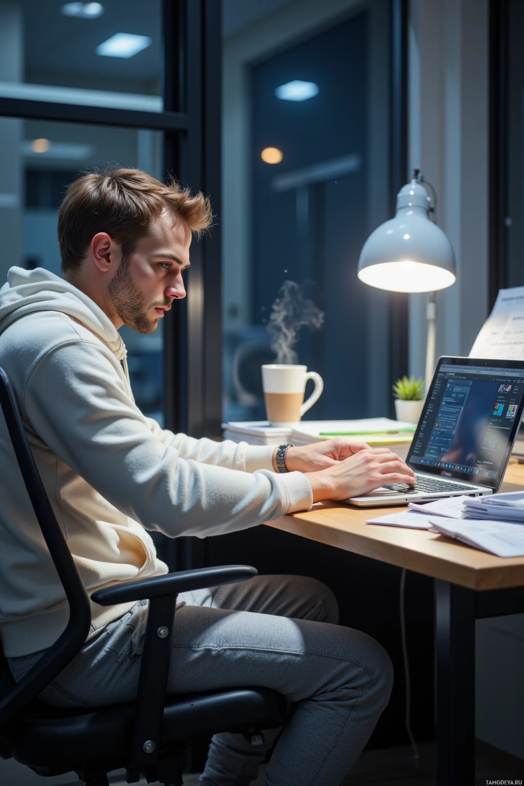 A person is working at a desk with a laptop, surrounded by papers and a coffee mug.