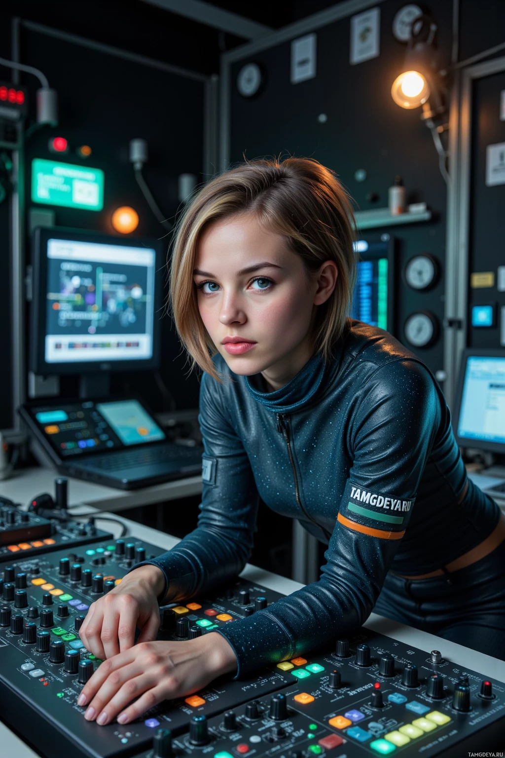 A person in a dark outfit is operating a control panel in a dimly lit room.