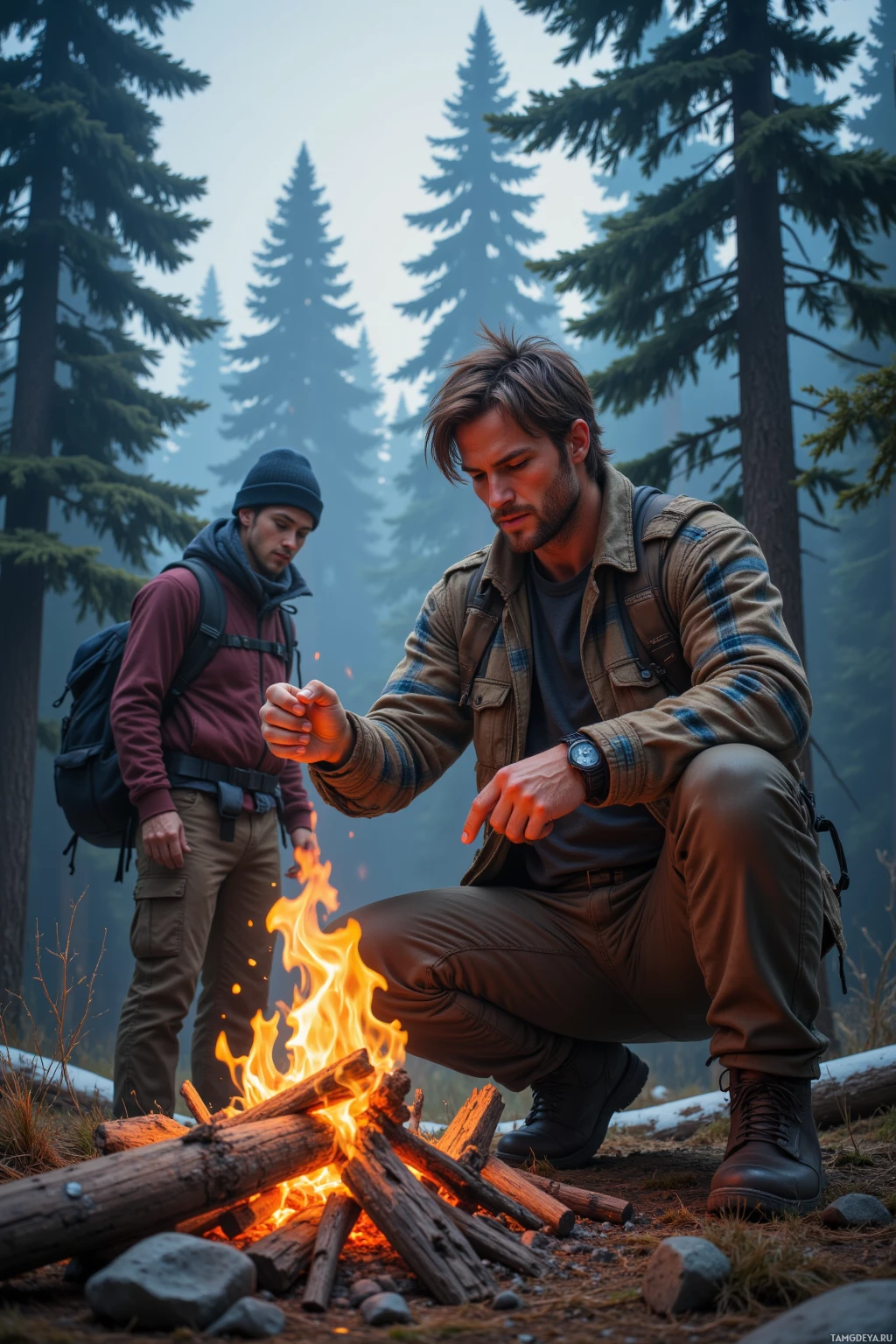 Two individuals in a forest setting, one tending to a campfire.