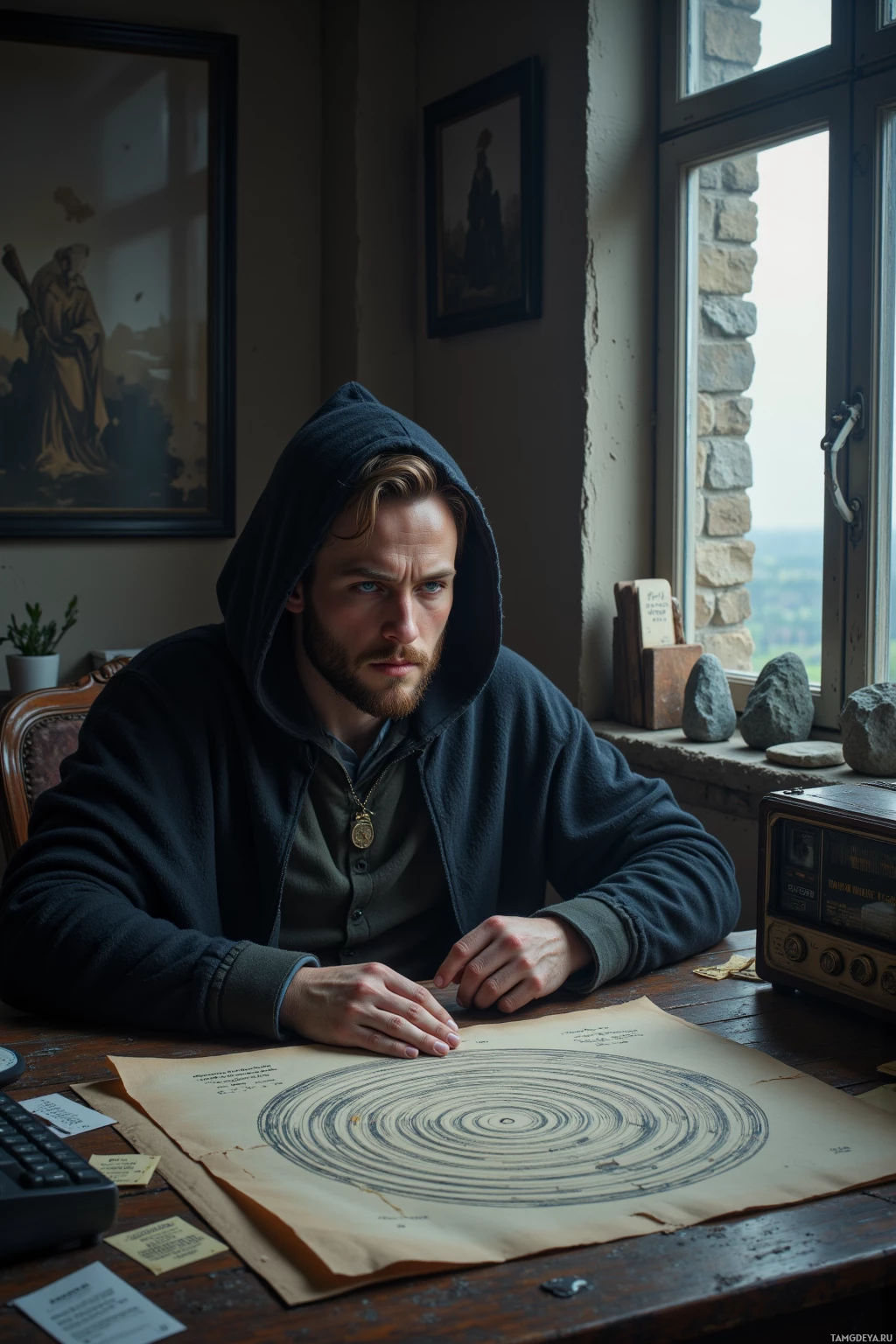 A man in a hoodie sits at a desk with a circular diagram and an old radio, looking contemplative.