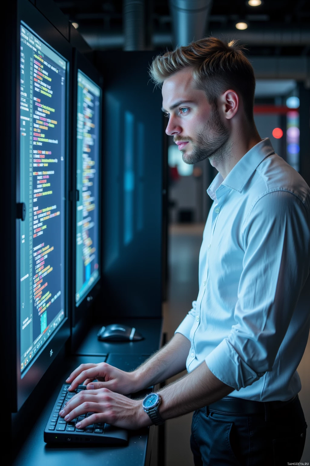 A man in a light shirt is working at a computer with multiple monitors displaying code.