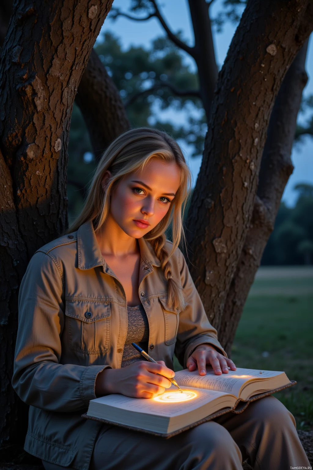 A person sits under a tree, writing in a notebook with sunlight illuminating the scene.