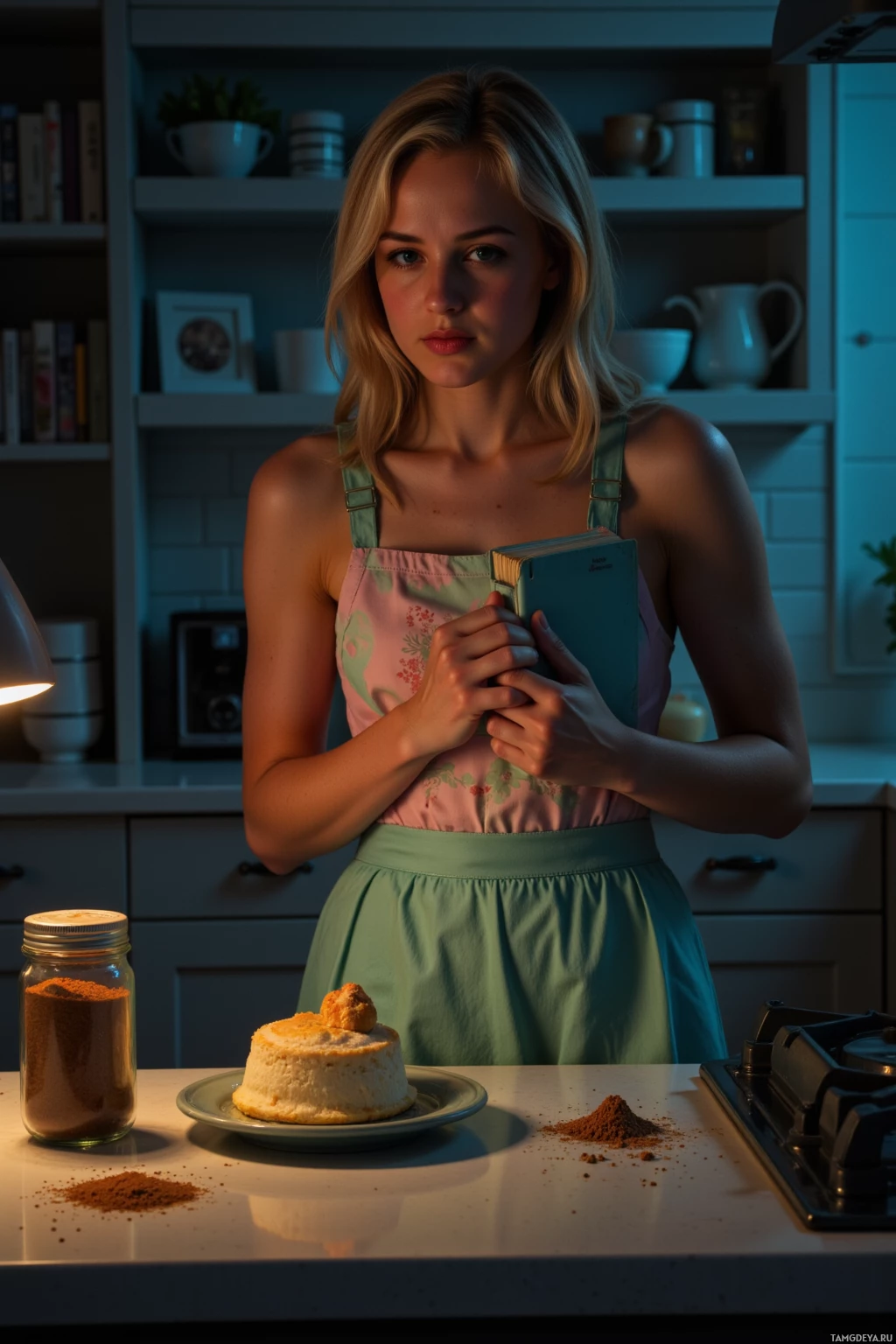A woman in a kitchen holds a book while standing near a cake and a jar of spice.