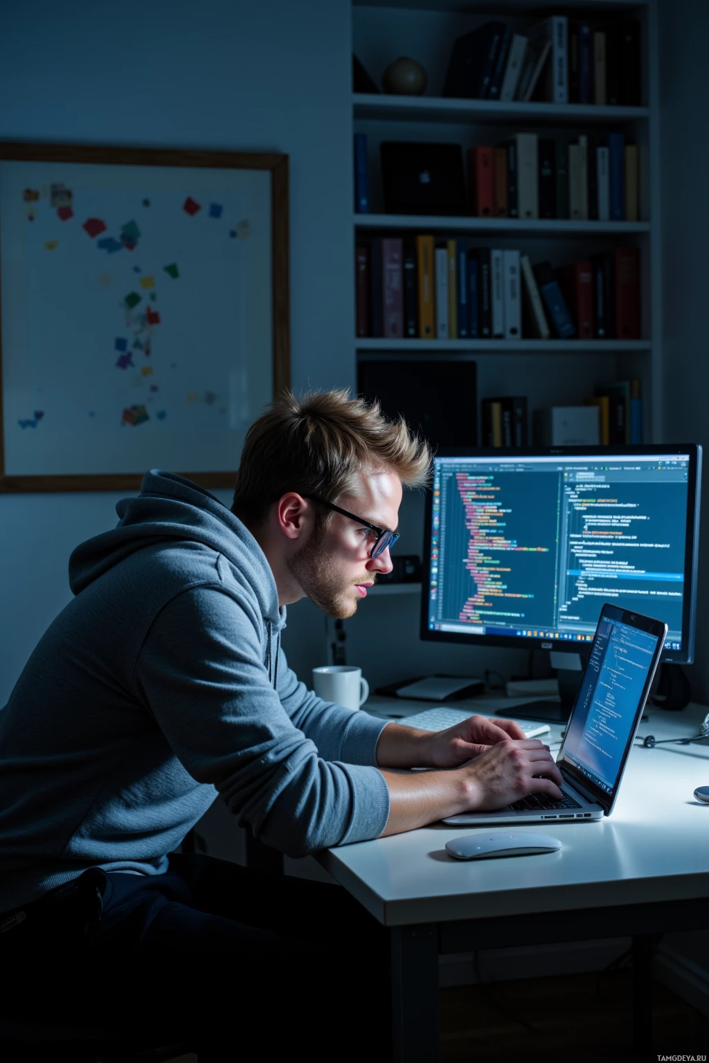 A person is working at a desk with a laptop and a monitor displaying code, surrounded by books and a whiteboard.