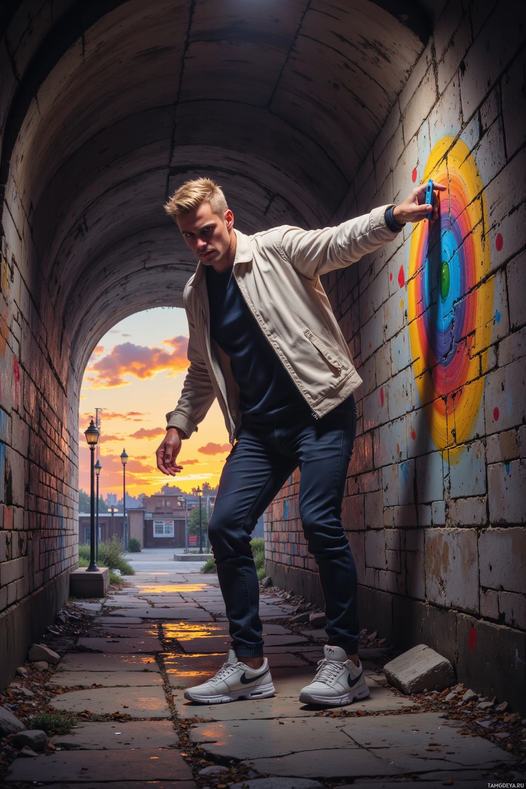 A person leans against a brick wall with a colorful mural, standing in a tunnel with a sunset sky in the background.