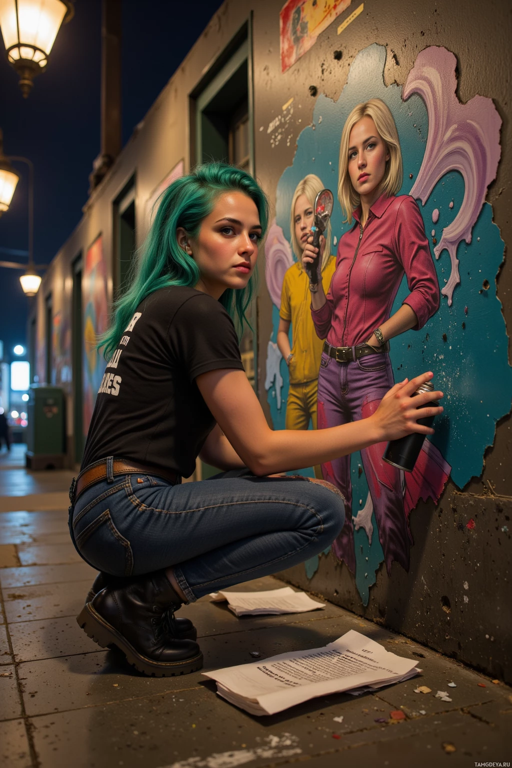 A person with teal hair crouches near a wall with graffiti, holding a spray can.