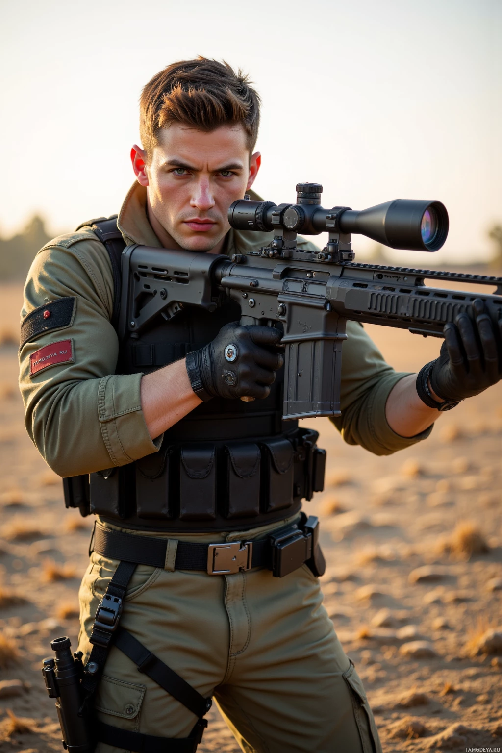 A person in military attire holds a rifle with a scope, standing in a desert environment.