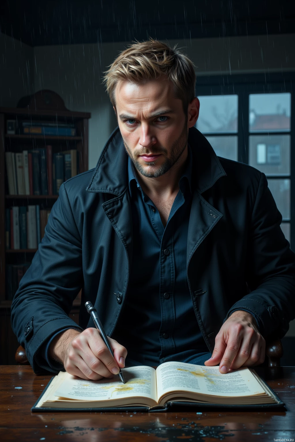 A man in a dark jacket sits at a desk, writing in a book under rain.