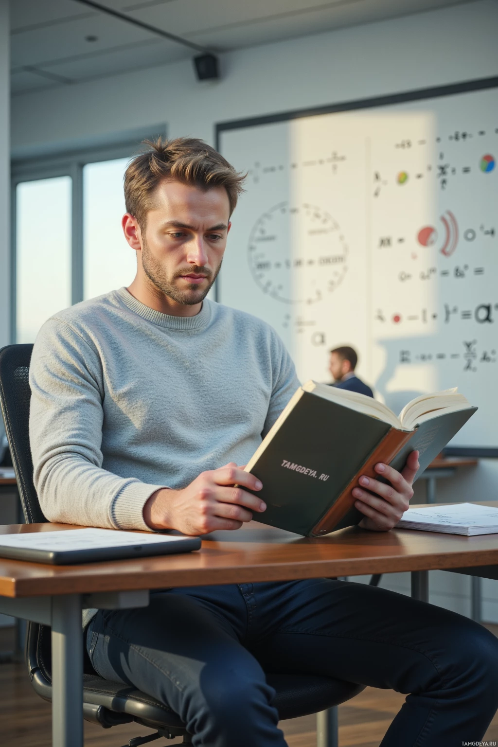 A man is reading a book at a desk in a classroom setting.
