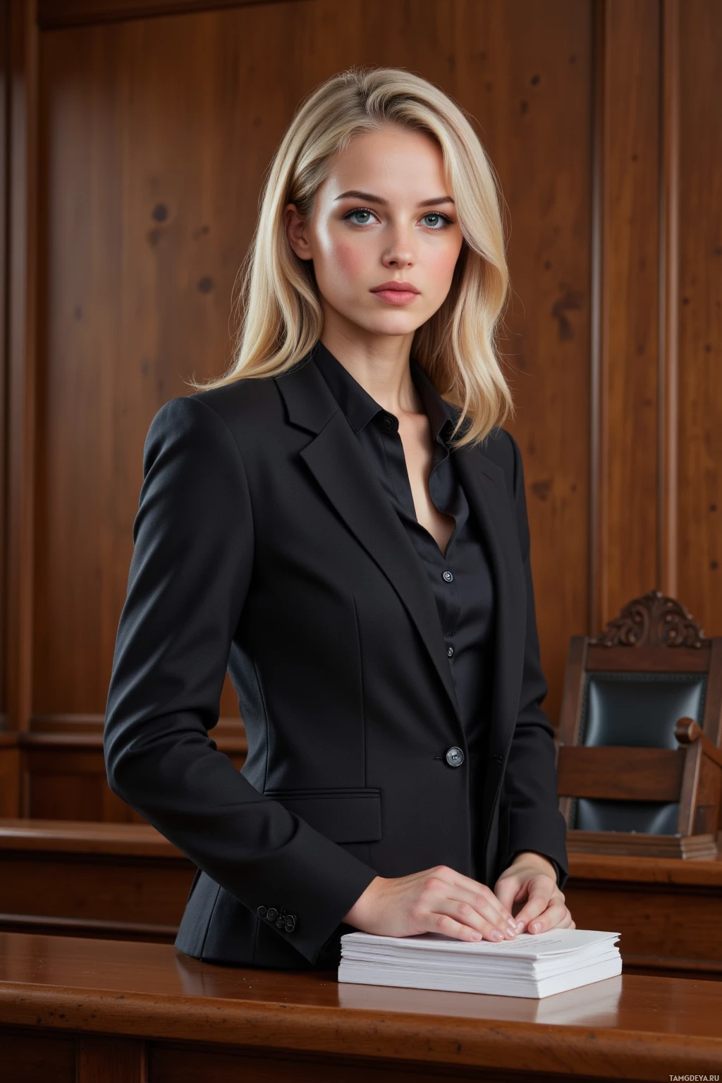 A woman in a black suit stands at a desk with a stack of papers.