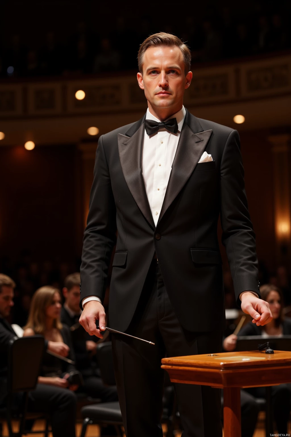 A conductor in a formal black tuxedo stands at a podium with an orchestra in the background.