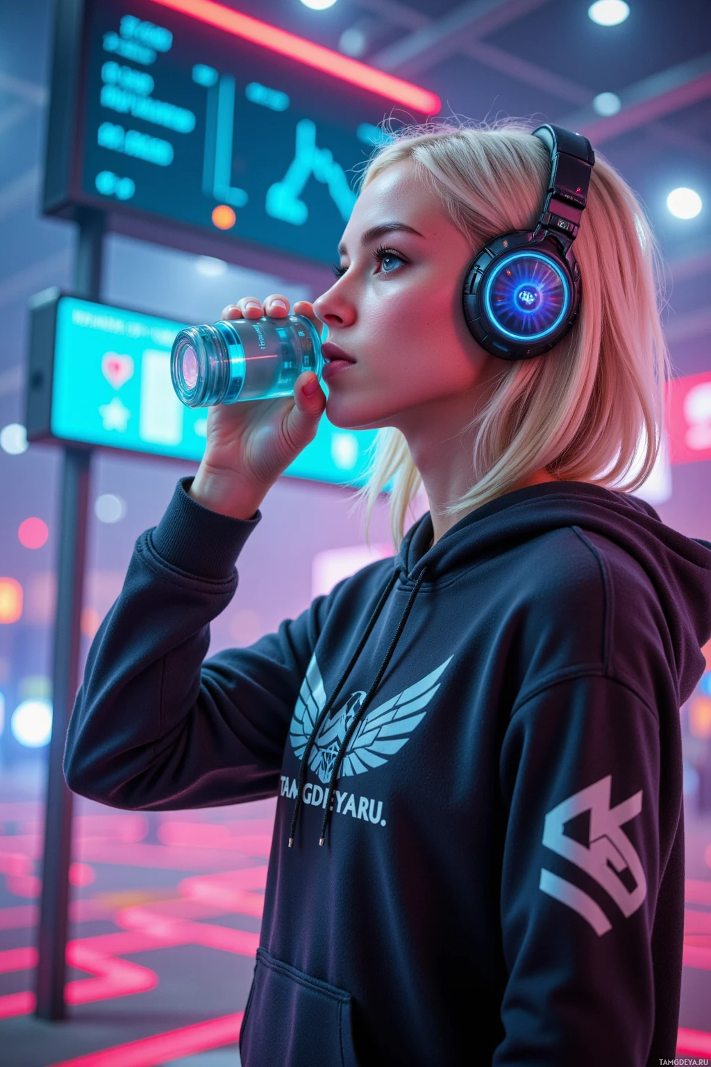 A person wearing headphones and a hoodie drinks from a bottle in a neon-lit environment.