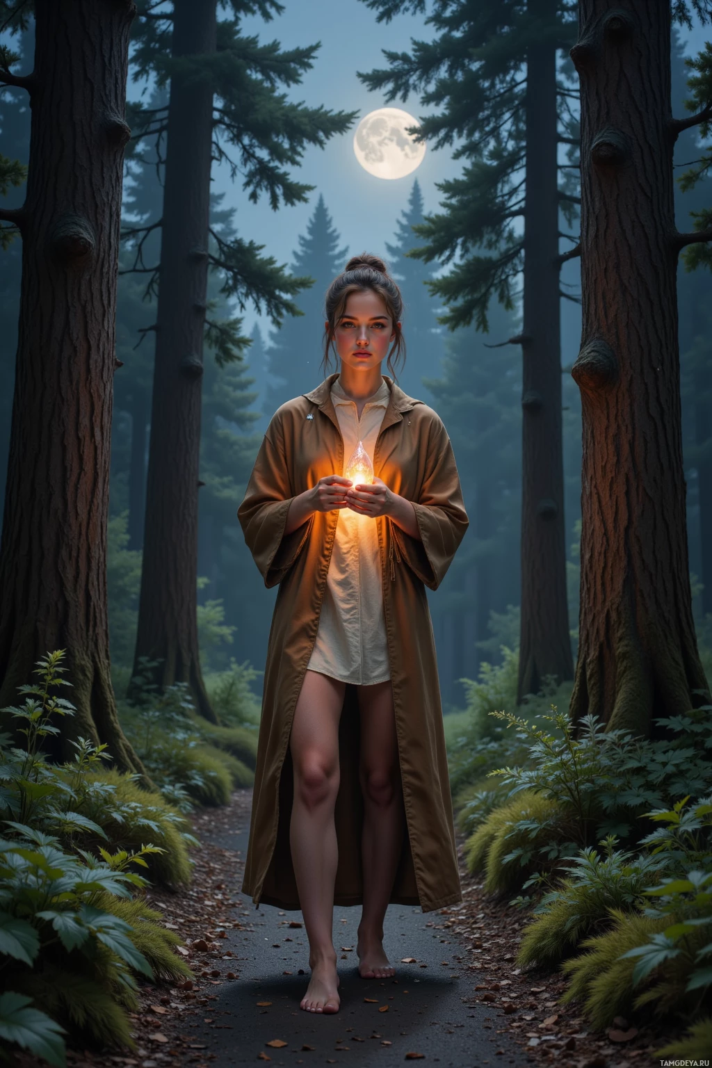 A woman in a trench coat stands barefoot on a forest path, holding a glowing crystal.