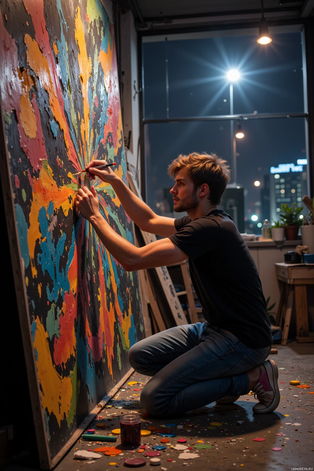 A person is painting a colorful abstract artwork on a large canvas in a dimly lit studio.