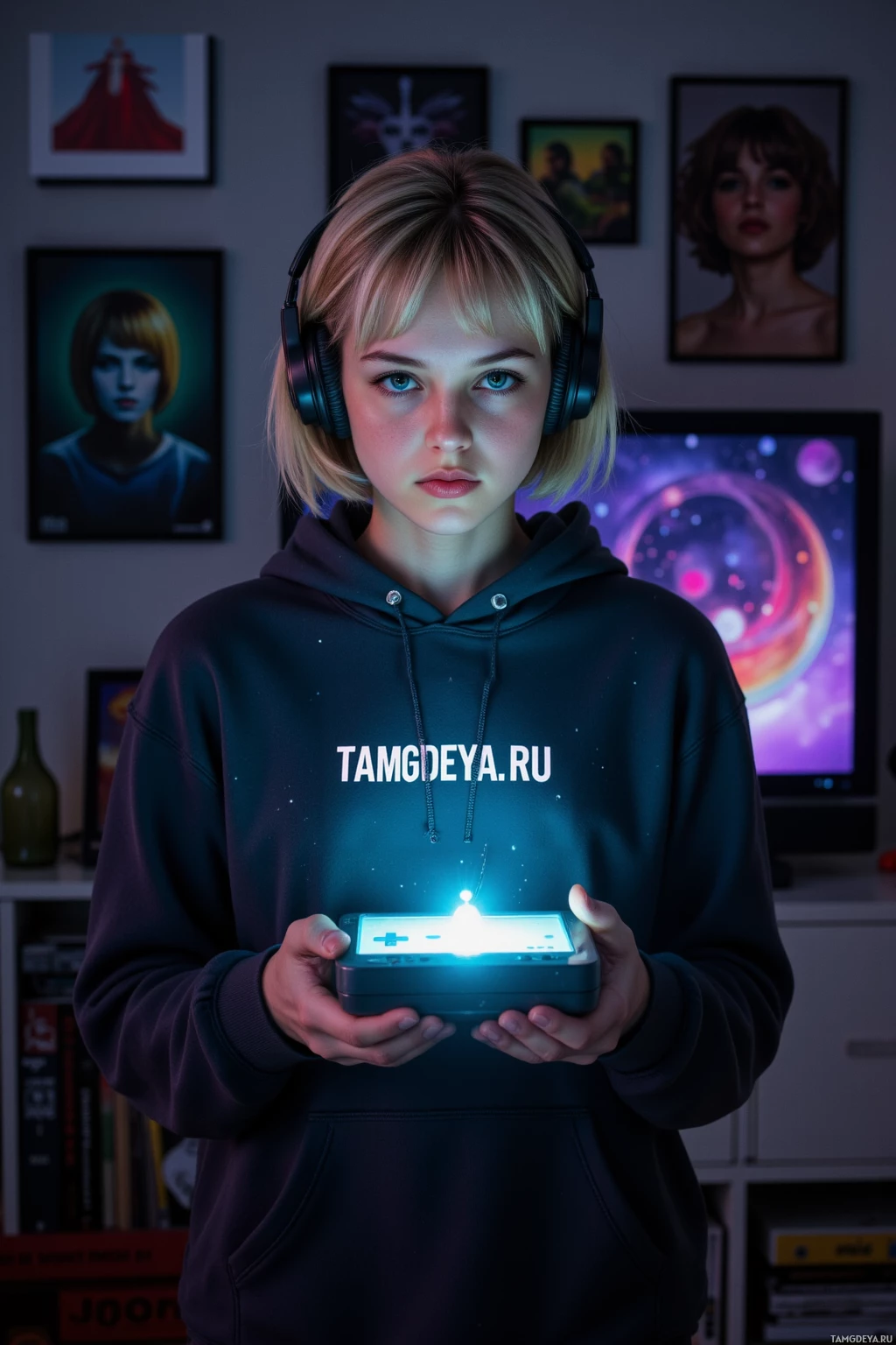 A person wearing headphones and a hoodie holds a glowing device in a dimly lit room with framed pictures on the wall.