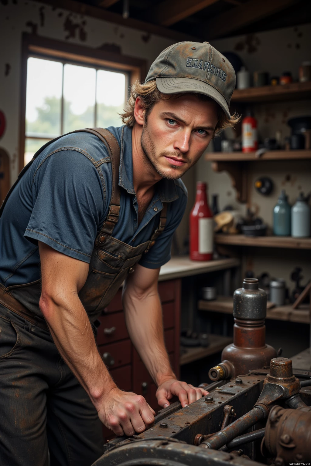 A man in a workshop wearing a cap and overalls, leaning over machinery.