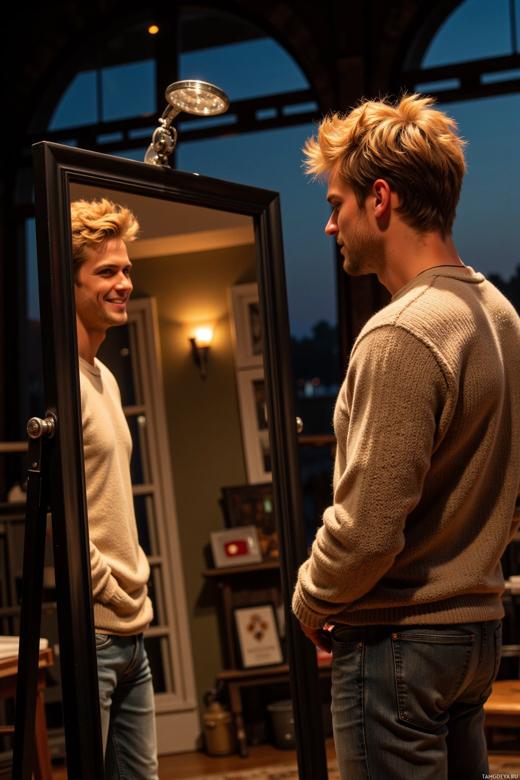 A person stands in front of a mirror, looking at their reflection in a warmly lit room.