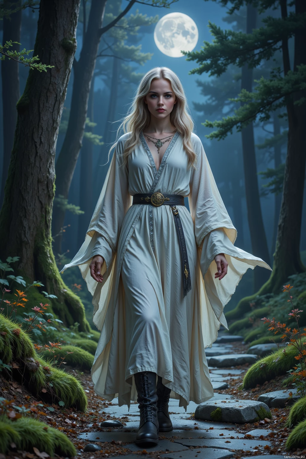 A woman in a flowing white robe stands on a stone path in a forest under a full moon.