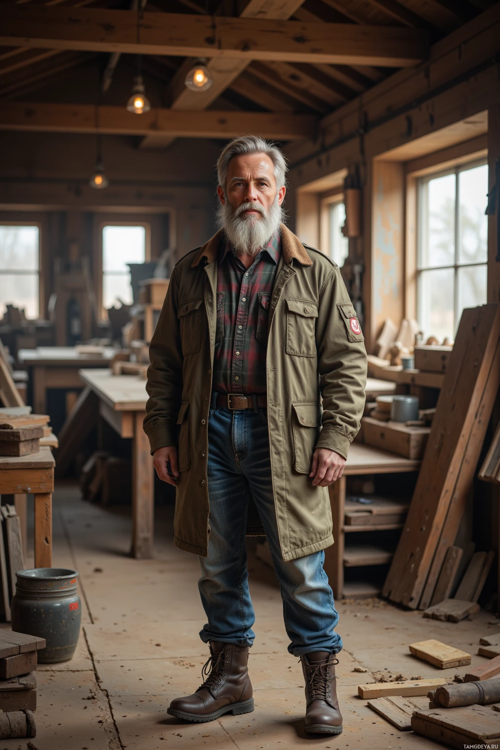 A man stands in a rustic workshop, wearing a green jacket, plaid shirt, jeans, and brown boots.