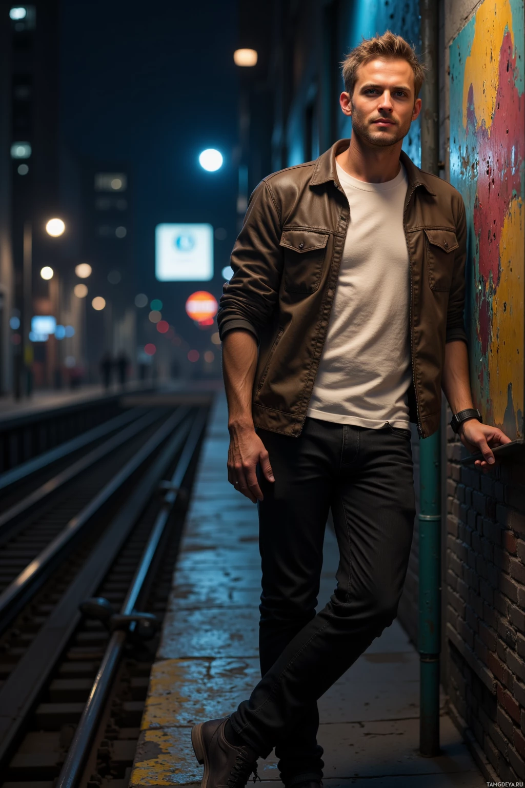 A man stands on a train platform at night, wearing a brown jacket and jeans.