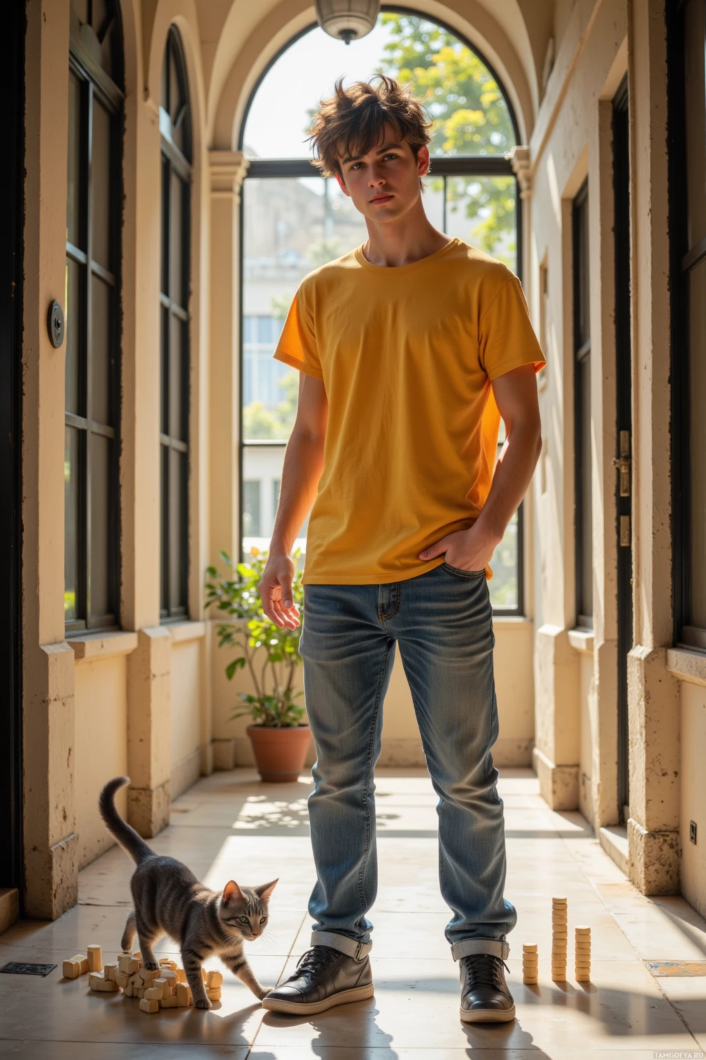 A young man in a yellow shirt and jeans stands in a sunlit hallway with a cat and wooden blocks on the floor.