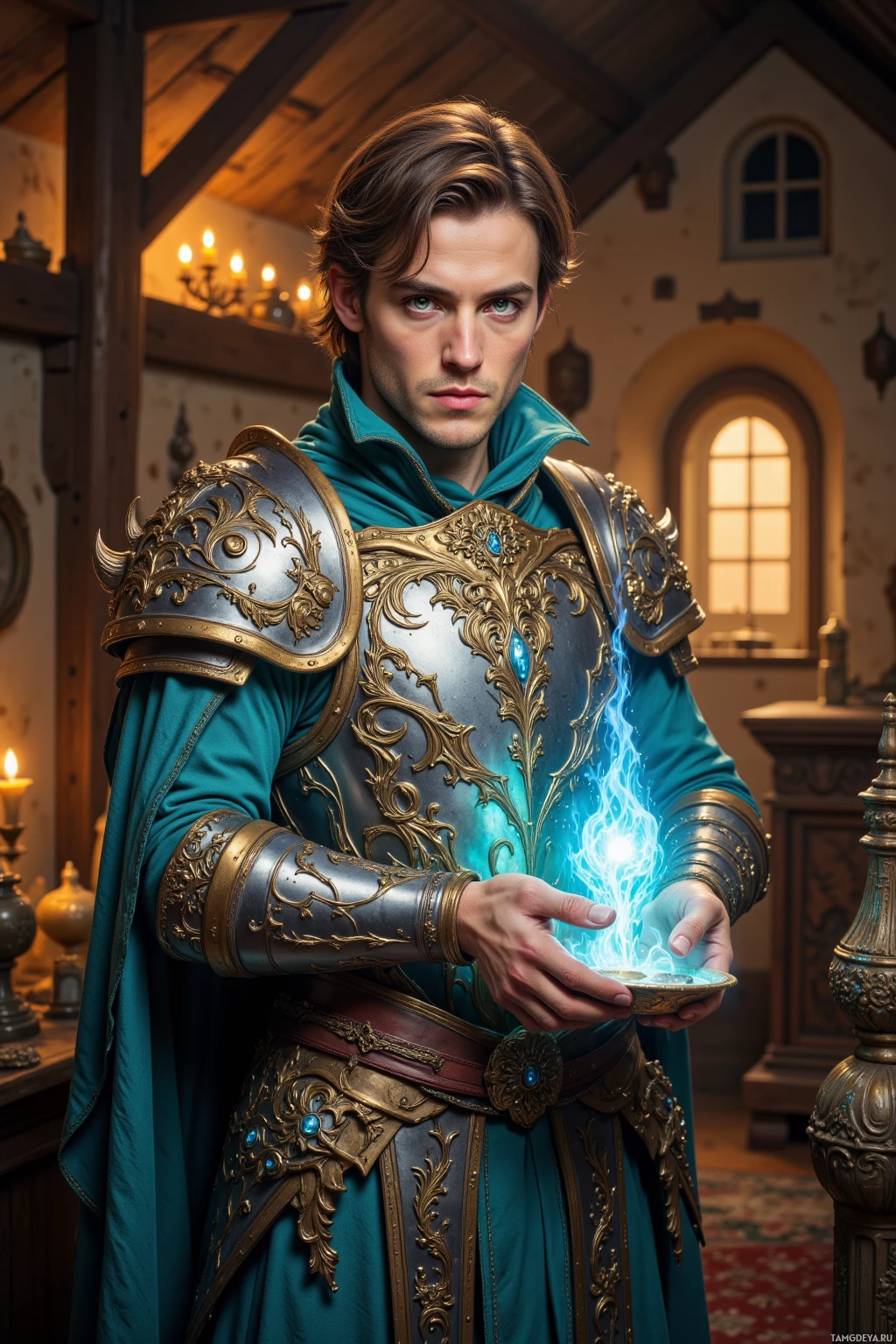 A man in ornate armor and a teal robe holds a glowing blue object.