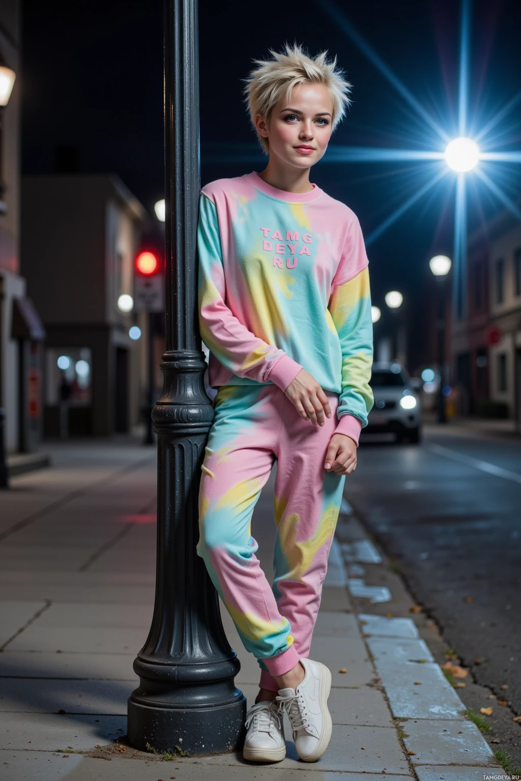 A person wearing a pastel tie-dye sweatshirt and pants leans against a streetlamp at night.